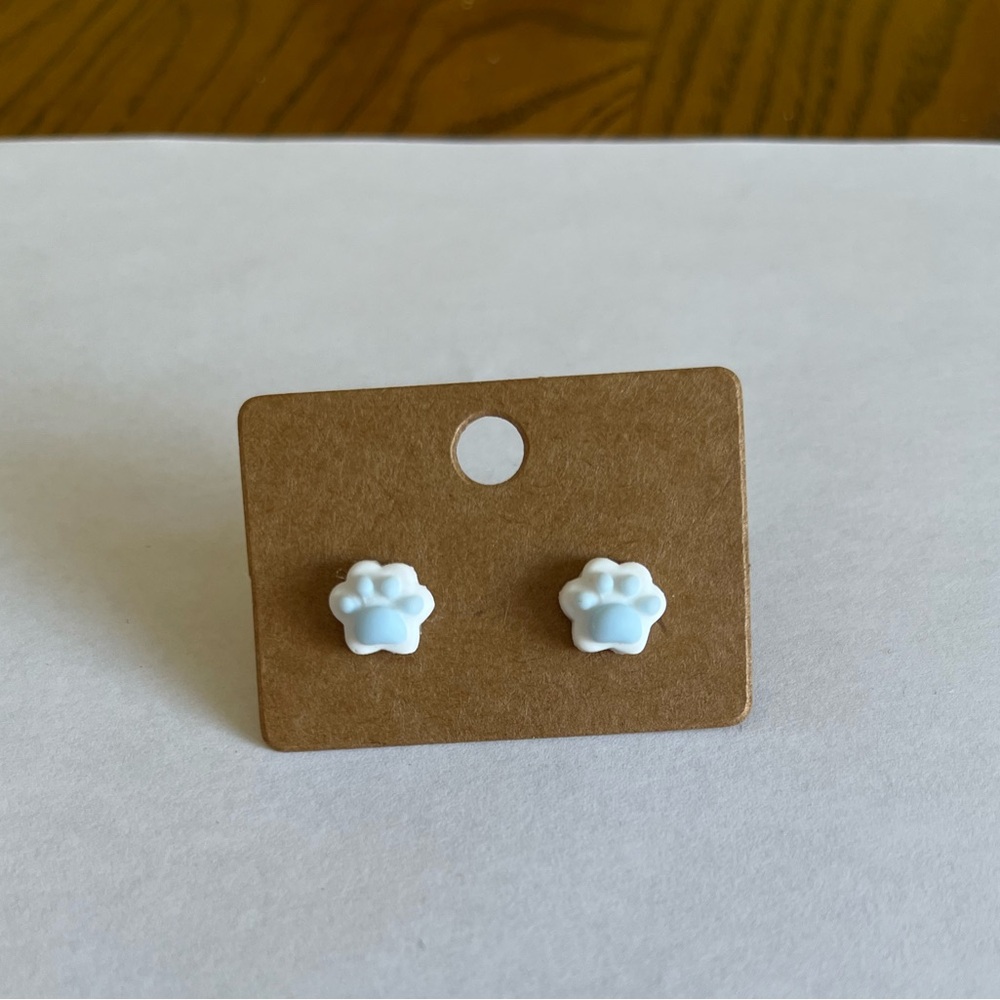 2/$15- Cute Paw Print Stud Earrings white and blue handmade